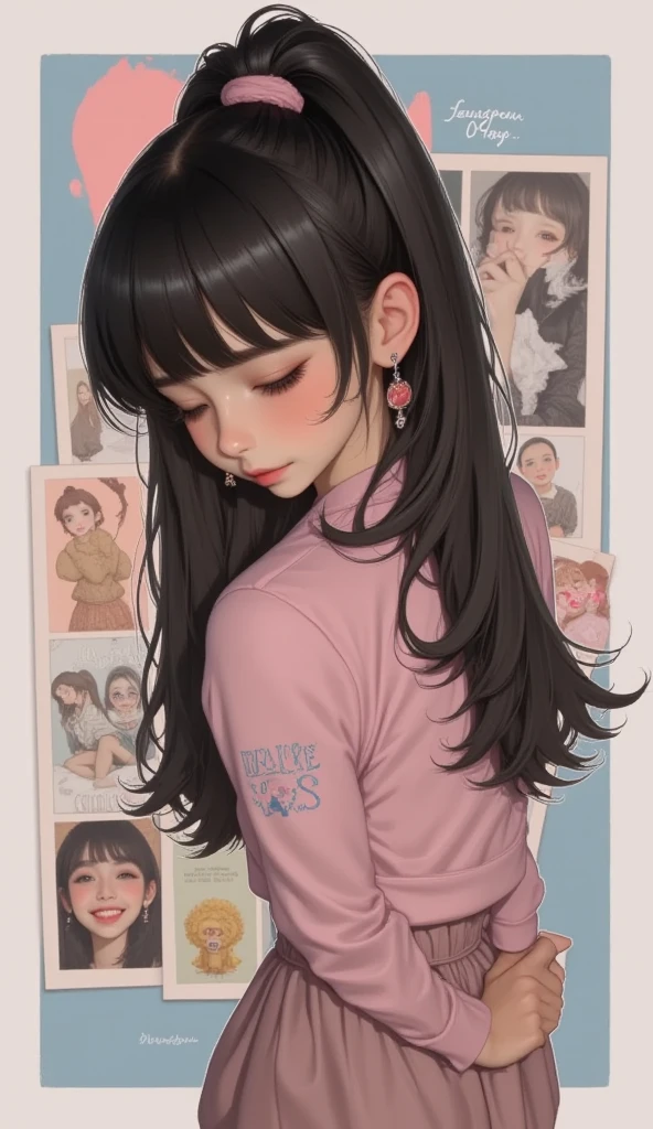 (brunette color hair+Black eyes+Pink clothes fluttering+Look up into the eyes+The upper part of the body+Hair fluttering+Fair skin+Side braid braid)