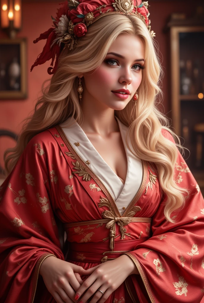 8k,highest quality, masterpiece, Ultra-high resolution,(masterpiece:1.6, highest quality), Intricate details, 1girl,princess, solo,fullbody shot,blonde hair, huge hairbun,tower hairbun,very big hair Bun ,red gown,,on castle