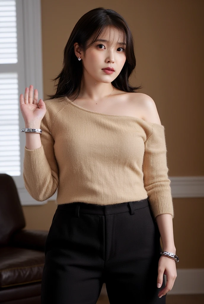 (table top, highest quality, High resolution, , perfect pixel, 4k,), 1 girl, single, alone, Beautiful woman、I could see the whole body、 ((wavy mid-length hair, bangs, brown hair)), ((brown eyes, beautiful eyelashes, realistic eyes)), ((detailed face, blush:1.2)), ((smooth texture:0.75, realistic texture:0.65, realistic:1.1, Anime CG style)), medium breasts, dynamic angle, perfect body, ((, female teacher, , earrings、necklace、turtleneck sweater、、black knee high stockings、open both legs wide、flare skirt、shy smile、Sitting at the pulpit、emphasize the chest)), Upper grade、evening、、(You can see the blue and white lace panties:1.5)、
angle from below)、