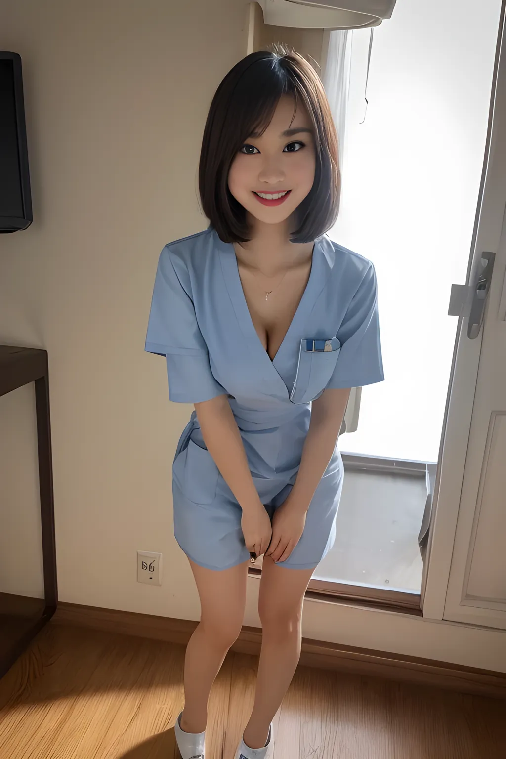  (8K, best quality, masterpiece:1.2), (realistic, photo-realistic:1.37), (high color saturation:1.0),  (highly detailed skin), (highest quality:1.0), (ultra high resolution:1.0) ,(realistic:1.0), (Super detailed:1.0), (8K, Raw photo:1.1)、standing random pose, smiling, natural breast, perfect lighting, 3girls, 22years old, (mysterious), clear and detailed, ((nurse_costume)), hospital, black pantyhose, cute face, (no_panties), 