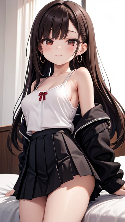 Game , goddess of victory nikke, Rapi , light brown hair, alluring eyes ,beautiful face , crystal red eyes , long hair, ((white tank top:1.2)), thin fabric, spaghetti string, cleavage, ((visible black bra under tank top)),((black pensil skirt:1.2)) garter belt, thighs stocking, g cup breast, slender waist, bewitching thighs, five fingers each hand, two hand ,two leg , at office, alluring poses, looking at you, bite her finger, tilt head, crossing leg, beautiful smile, cowboy shot