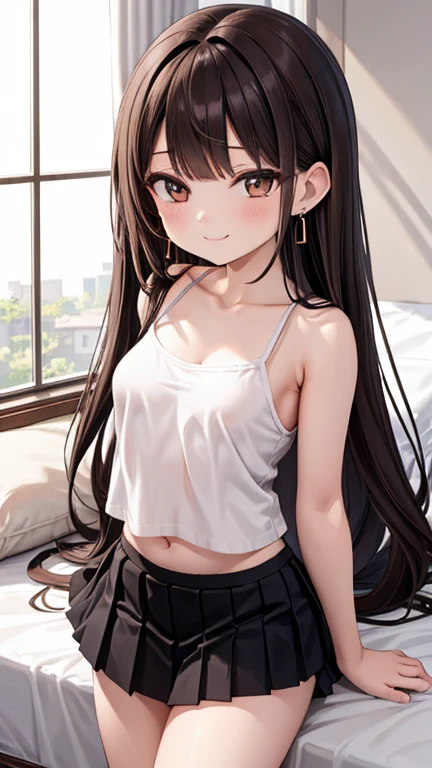 (((masterpiece,Highest quality:1.3,best quality illustration))),(realistic),cowboy shot,独奏,1woman,(18 year old beauty),black hair,long hair,bangs,black eyes,gorgeous big eyes,((very small head:1.3)),shy,((very long body:1.2,skinny)),medium breasts,(White tube top shirt、navel、Black pleated mini skirt),sweat,gleaming skin,toned body,slender body、sitting,Simple bed、Simple bedroom、