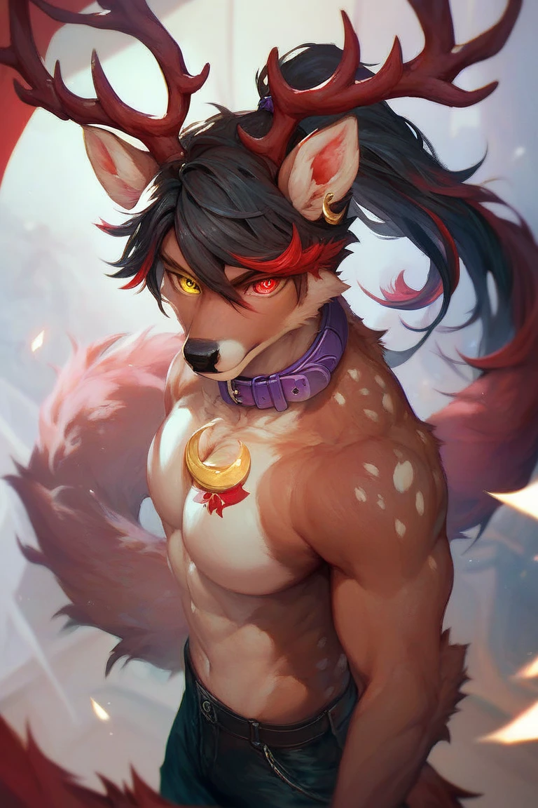 Rystal, Star Fox, Male,Dark emerald hair, (detailed), fluffy, Solo, Meticulous and realistic, delicate eyes, ( The pupil of the Eye of the Blood Wheel), (( Black and red eyes)), Excellent quality, high detail, detailed fur, ((The tail is in the right position) ,He wears a pair of small white briefs, stand,Flirting