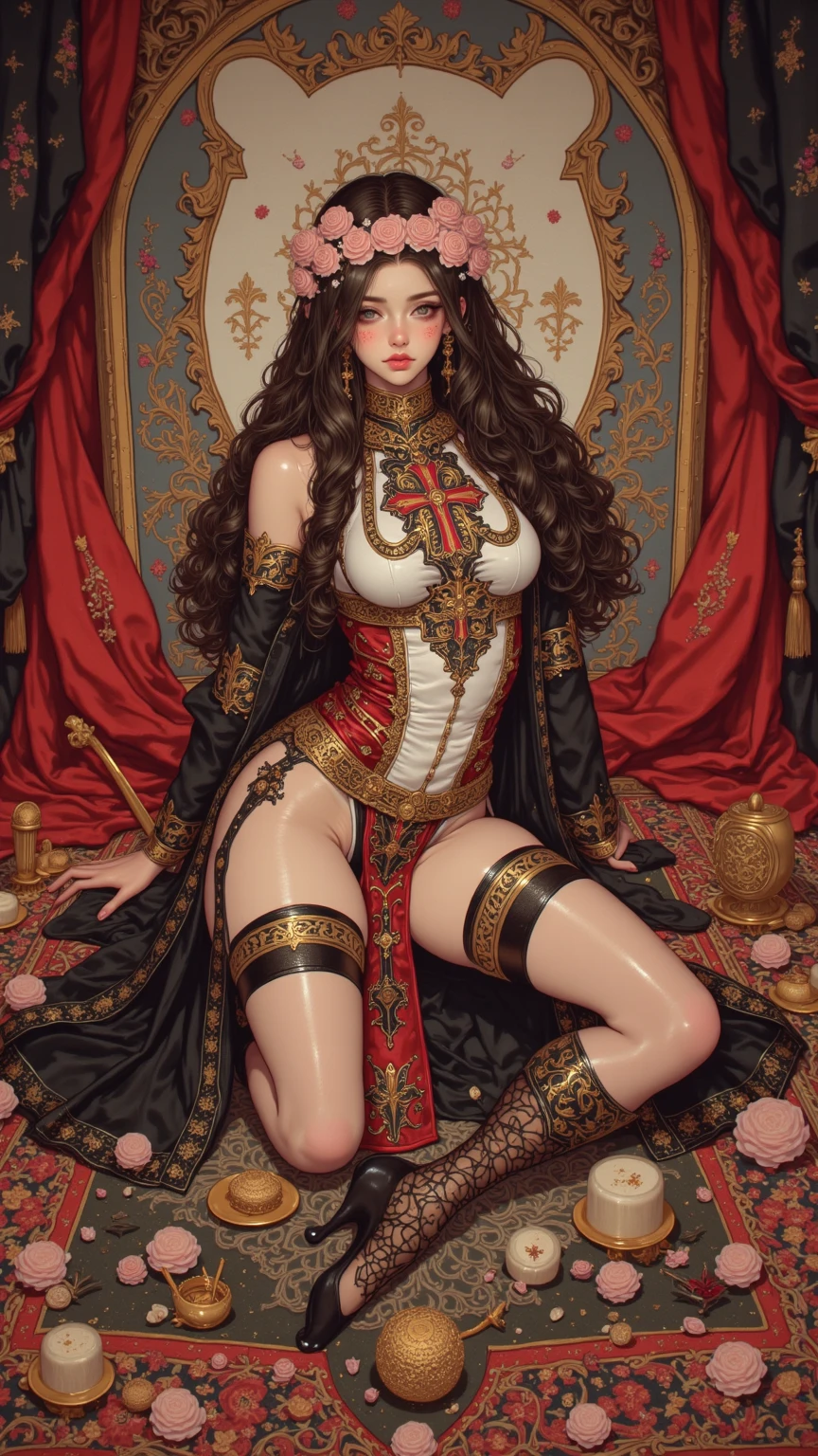 ((best quality)), ((masterpiece)), (detailed), 1girl, NSFW, small breasts, prominent collarbones, skinny arms, flat stomach, visible hip bones, long hair, ponytail, thick ponytail, heavy ponytail, red and white clothing, full body, whole body, body, NSFW, full body, whole body, head-to-toe NSFW, Bloodborne inspired, occult aesthetic, occult, detailed and intricate steampunk and detailed gothic