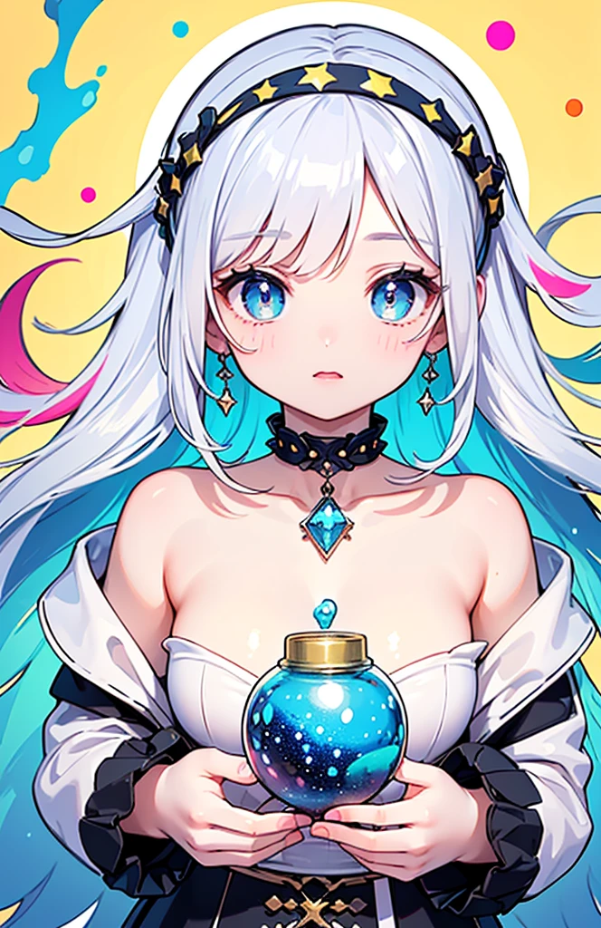 (blonde:1.2),(long hair with curls:1.25),(No bangs:1.25),(A crystal-like clear round gem in the middle of the forehead:1.3),(light pink and blue eyes:1.3),(clergyman:1.3),(White, light blue, blue, and navy blue monastic robes:1.3),(hat with a veil:1.25),(blush:1.2),(small breasts:1.65),(Front perspective:1.5),(A sphere like a crystal ball:1.45),(Luxury rainbow-colored frame arcana card motif:1.6),(Smile slightly:1.3),(NSFW:1.05),(((men's:1.2)))