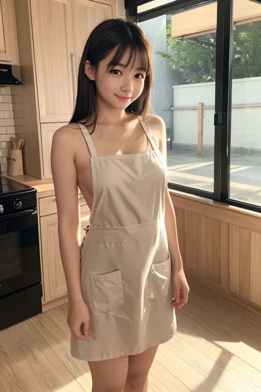 So cute like an idol、Cute and adorable、A 20-year-old girl with a young-looking face、Smiling Kindly、Naked with only an apron、Naked under the apron、Full body portrait、全身のBack view、kitchen、Back view、Backwards、Accurate、Anatomically correct、Textured skin、Super Detail、 Attention to detail、highest quality、High resolution、Real、realism、Raw photo、Genuine、masterpiece