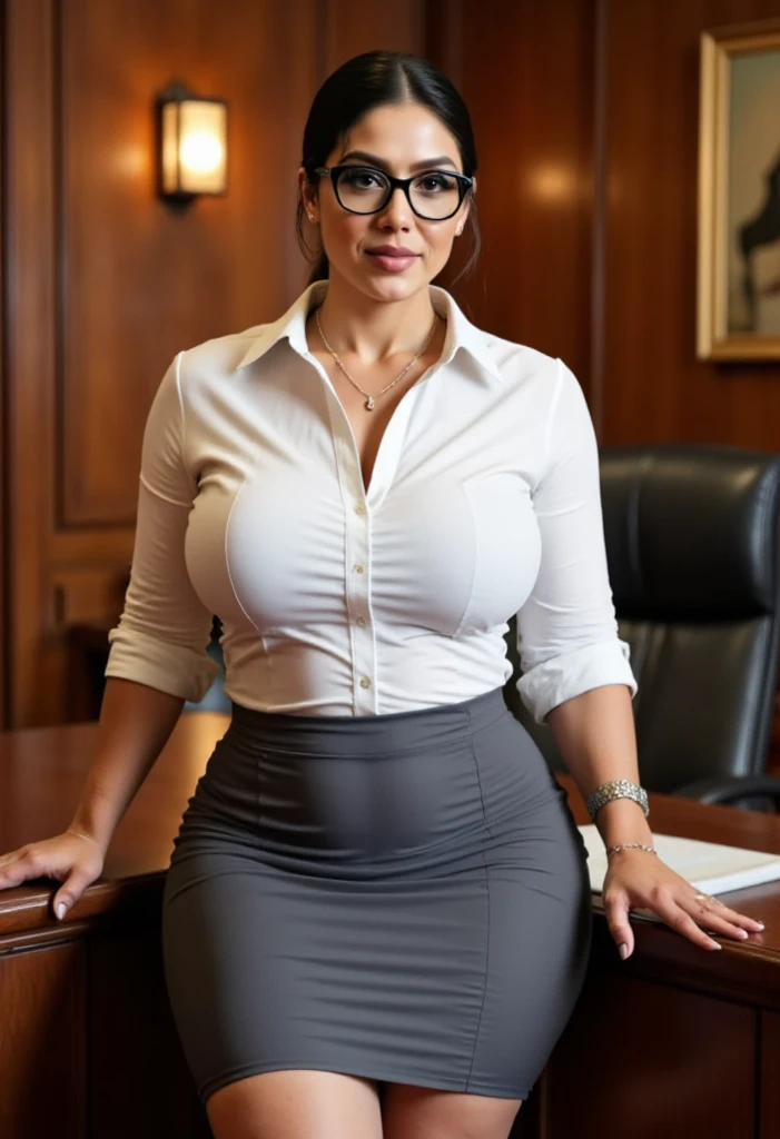 1girl, (full body shot to boot), ((43 years old milf) plus size), (I'm touching myself), bryce dallas howard, (latina), ((hair tied-up professionally with no tail with bangs to streak of locks:1.2)), I'm wearing professional sexy psychiatrist attire: blouse under skimpy blazer and skimpy thighs skirt accentuate my fleshy body and thick arms, (I have thick sexy arms:1.95), thicc arms, I'm wearing glasses looking at viewer seductively, (I'm fully clothed:1.75), (legs apart - I'm sitting on psychiatrist consuling room desk), voluptuous, thick, curvy model body, fleshy juicy hips, glossy sweaty skin, (psychiatrist's narrow office dark room:1.5), (accesories: marriage ring), (accessories: hairband), upper body portrait, sexyposture, ((8K 、RAW photos、top-quality、tmasterpiece)、 Film Grain、High Detail RAW Color Photo Professional Photo、(hentail realism、Photorealism:1.37)、(top-quality)、(Best shadows)、(The best illustrations)、 8k wallpaper、physically-based renderingt、Cinematic lighting)，