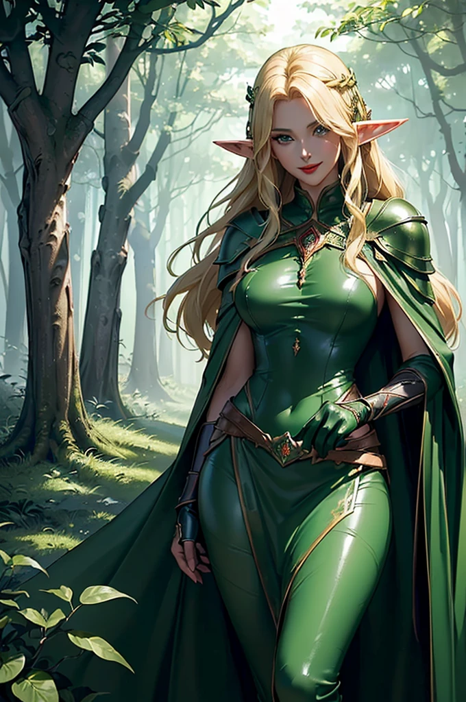 Tauriel, the elf from The Hobbit movie, best quality, ultra-detailed CG unity 8k wallpaper, floating, high resolution, dynamic pose, beautiful face, (blue eyes:1.2, yellow hair:1.3, green clothes), depth of field, white forest, golden leaves, magic light), slim body, cleavage, tight bust,