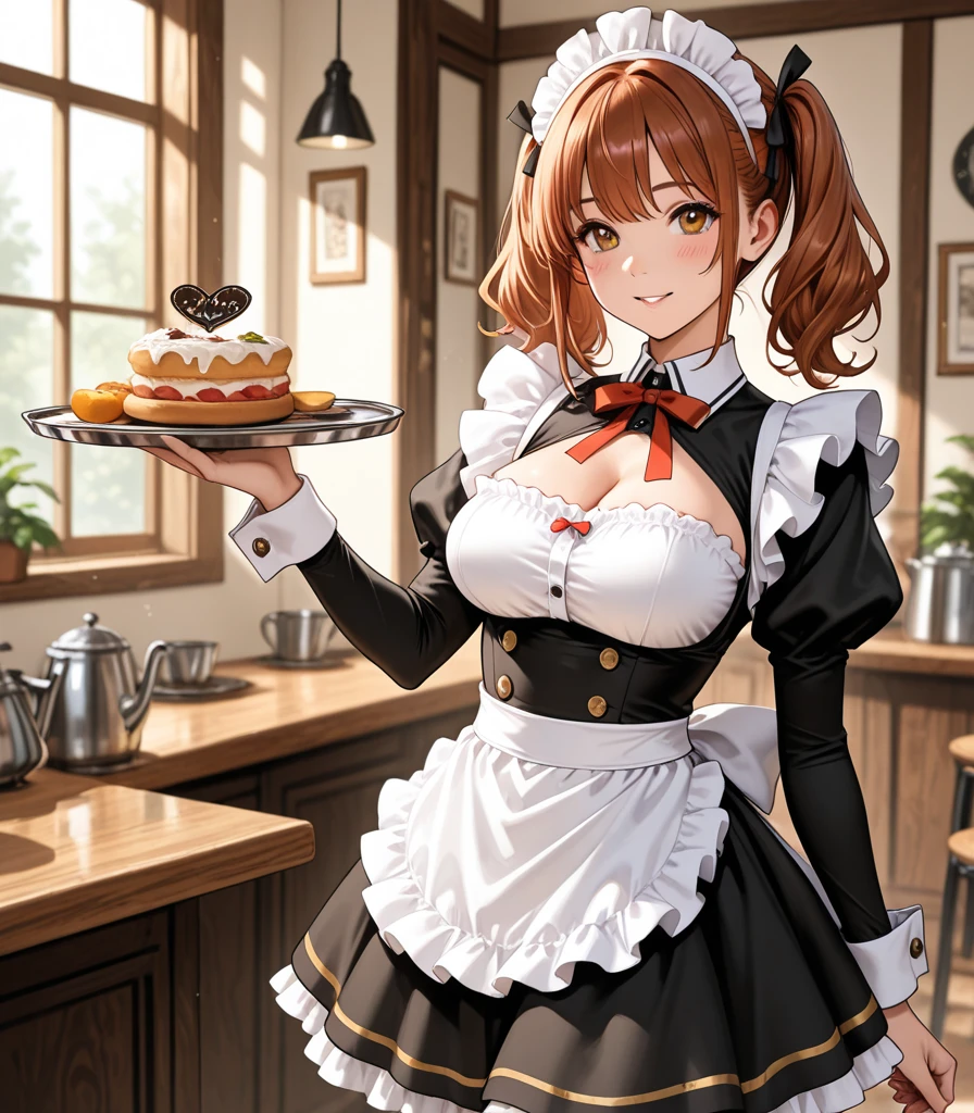 anime, beautiful face, highly detailed face, detailed perfect eyes, perfect hair, perfect lips, accurate arms, accurate hands, perfect legs, accurate footware. highly detailed background, front lighting, perfect lighting, full body, 1girl, solo, ruby hoshino, ruby, oshi no ko, heels, blonde hair, thighhighs, stockings, absurdres, high res, ultrasharp, 8K, masterpiece, looking at viewer, in a maid cafe, restaurant (sexy pose:1.1), (full body:1.5), waitress, carrying a tray, holding a tray, maid, maid outfit, cute maid outfit, cleavage, stockings, full of delight, smiling full of compassion, blushed