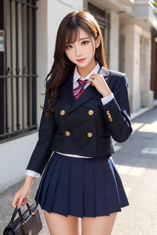 ((highest quality)), ((masterpiece)), (detailed), One girl, ((Short sleeve navy blue uniform))、Beauty、((high school girl))、uniform、seifuku、Navy Blue Skirt、Same color uniform and skirt、Strong winds、Skirt flipped up
