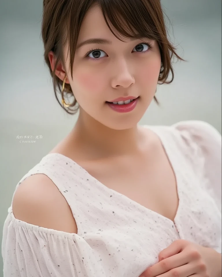 a Close-up portrait of gorgeous smiling cute Japanese woman in a nudity outfit, delicate facial features, porcelain-skinned, ponytail, a fusion of young Marion Cotillard's striking eyes and young Anne Hathaway's introspective gaze, long and slender cute face, Asian winged eyes, wavy nose, full wide lips, flowing very long straight black hair in the air, silhouette, bokeh,