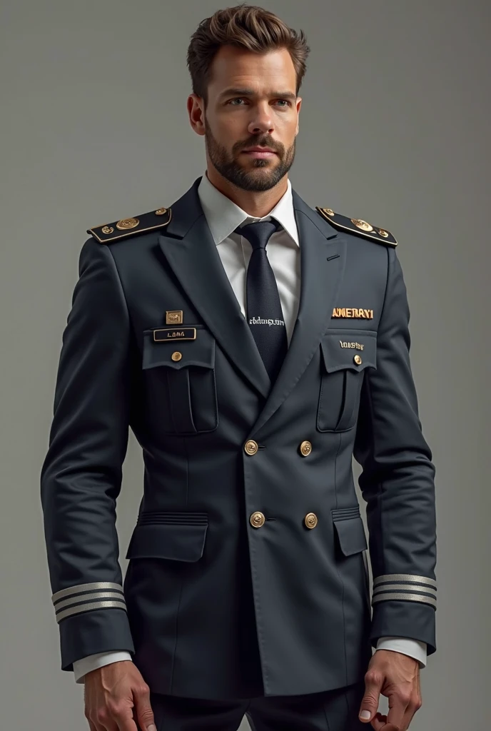 Firefighter uniform with straight-cut navy blue trousers, navy blue jacket , the White shirt, Silver cord mandarin collar and navy blue kepi with silver plate