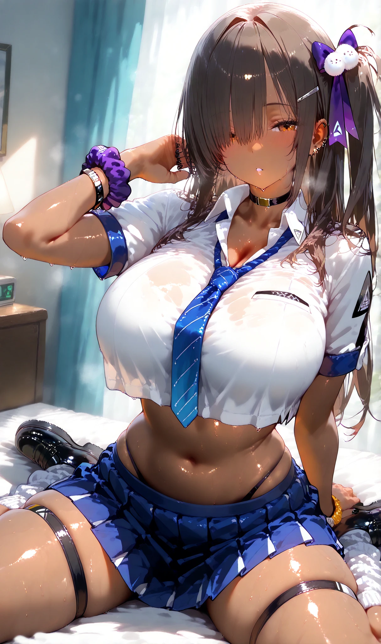 masterpiece, best quality, HD, 4K, Ultra-high resolution, Extreme Detail, Super detailed,
beautiful eyes, beautiful hair, Beautiful side, beautiful skin,dutch angle ,kujou sara,purple hair, blue left eye,the right eye is yellow, school uniform, serafuku, pleated skirts, Sailor's neck, white shirt ,Wet clothes,big breasts, thigh, buttock, sitting cross-legged, arms at the back spread their arms,ahegao, blush, sweat, ashamed, bed, pov
