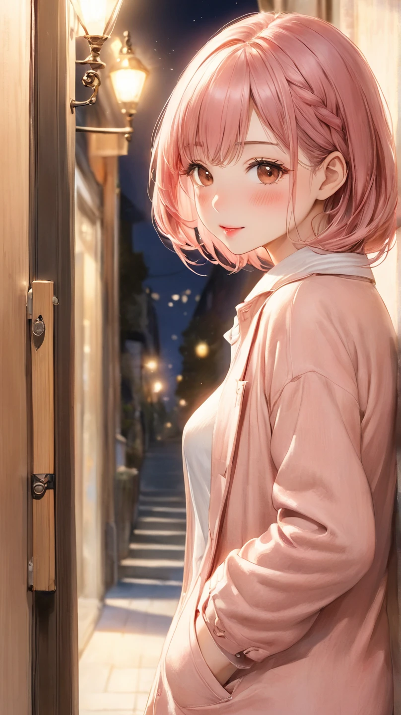 masterpiece, best quality, highres, bbmomo, short hair, beret, red headwear, <lora:m.o.m.o_v1:0.7>, street, night, standing, sweater dress, strapless, off shoulder, collarbone,