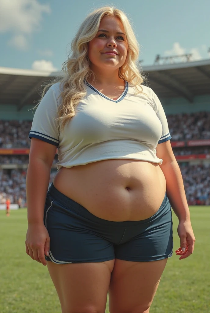 zydG, ((cowboy shot)),((from below)), 1girls, Front view, stand, looking the viewer, exposed skin, (from below),brown-eyed, (blonde very short hair:1.2), (light hair), (medium breasts:1.4), smile with white teeth, (photorealestic:1.4), (Top image quality:1.0), (UltraHighResolution:1.0), 8K, Raw photography, (A masterpice:0.2), track and field uniforms, show abs, (sweat, wetty:1.1), portlate, pubic bone focus, ful body,(pureerosface_v1:0.5), outdoor, track and field, curvy body, plump body, huge big ass, thick body, curvy body type, voluptuous body type, busty body type, thick body type, big chest, big