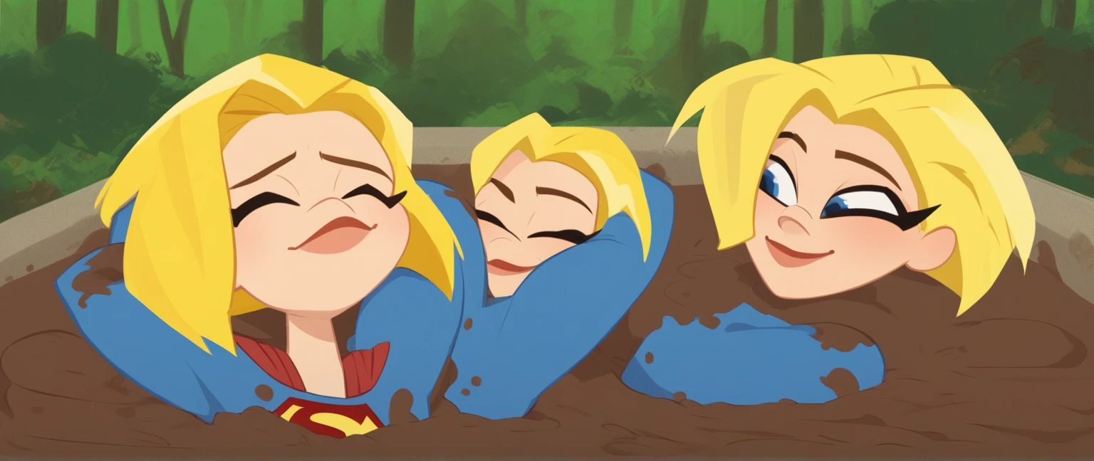 an illustration of three women laying in the grass together, smiling at eachother. The first is a female gun slinger with short dark hair. The second is a native american woman, long flowing black hair, dark skin. The third is a blonde, with blue eyes and chubby cheeks, all naked, sweating, wet pussy, NSFW, dirty, ripped clothes, nipples,