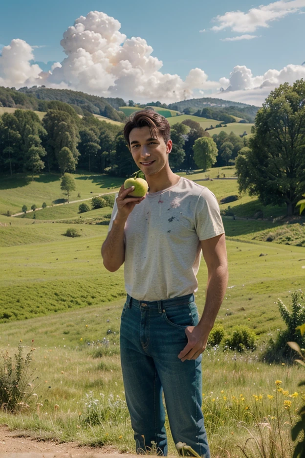 Young cute handsome white skinny face beautiful soft skin shirtless naked big penis in a strawberry garden in a basket hat