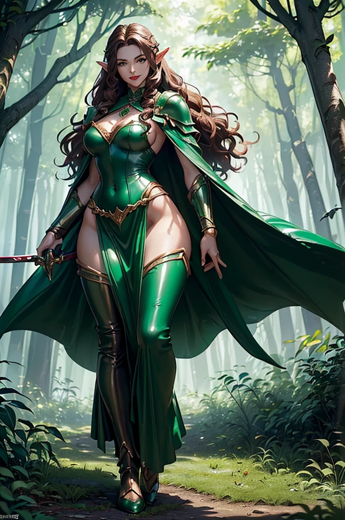 Me in a gothic setting of Castlevania, long brown and curly hair, elongated and well-defined face with features of a tall woman with Italian ancestry, wearing greenish bikini and metallic gold, green eyes, wide hips, intricate details. The background is dark and Gothic, adding to the mysterious atmosphere. This art is on the rise at ArtStation, capturing the essence of the iconic Symphony of the Night game. The illustration is soft, with sharp focus, showing the beauty and fascination of me