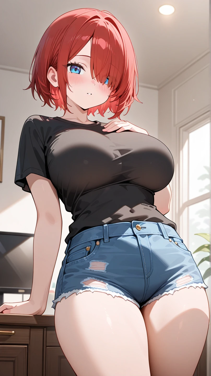 a young woman standing and in front, 1girl, solo, black shoes, navel, navel piercing, Cute woman, beautiful short orange hair, short orange hair with bangs, pale skin, orange shirt, blue mini shorts, smile, attractive look, mature face, deep slanted eyes, chubby body, chubby, defined biceps, thick legs, slim waist, full body, full body, big breasts, big breasts, (best quality,4k,8k,highres,masterpiece:1.2), ultra-detailed, (realistic,photorealistic,photo-realistic:1.37), long socks
