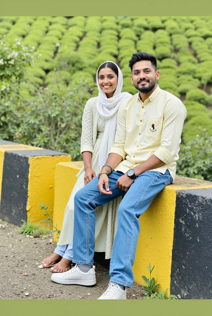 A 3 husband and wife, wearing couple clothes, the girl wearing a hijab shawl, while the man looks
black hair, blue cotton tunic shirt top, while the man wears a blue T-shirt, wears white tight jeans, while the man wears cargo pants, wears white sports shoes, is on a suspension bridge that is overgrown trees around it. collapsed, muddy ground, surrounded by a river of green water, there are 10 crocodiles in the river, they are smiling the man is holding a camera