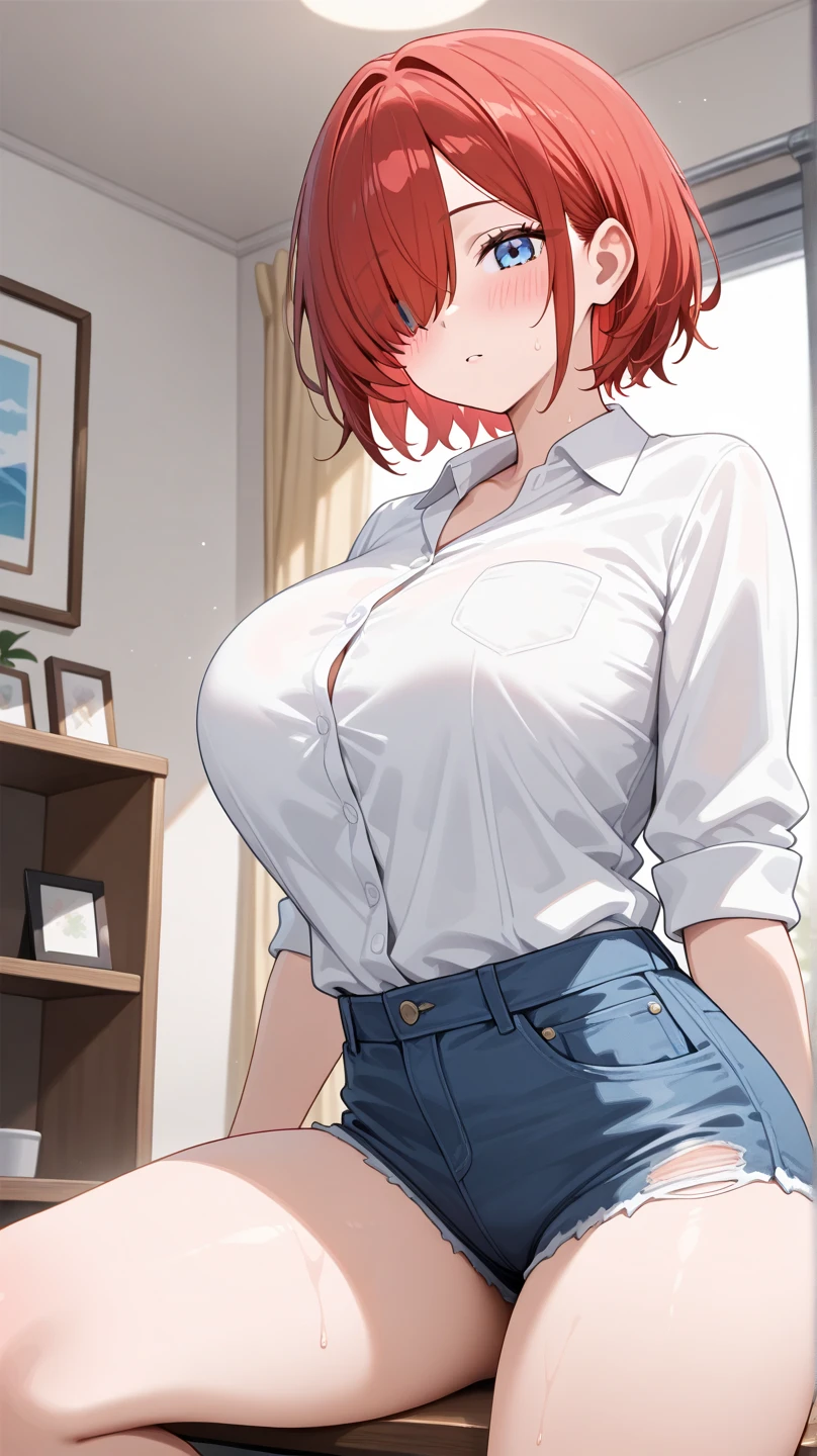 ((highres)), (Masterpiece), high quality, best quality, beautiful, perfect lighting, detailed face, ultra cute face, cute, cowboy shot ((1girl)), ((solo)), short fluffy, red hair, blue eyes, freckles, (blush), shy, nervous, modern office, standing in front of viewer, small breasts, perky breasts, (wide hips), thick thighs, formal white shirt, black pants, looking at viewer, cute pose, arms behind back, standing,