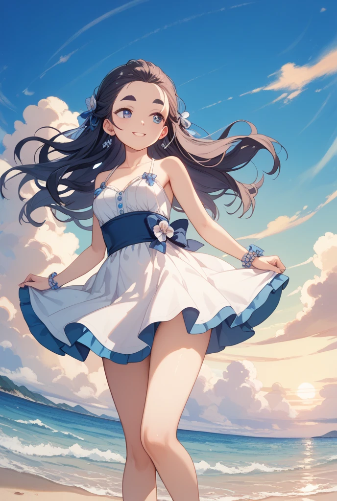 Light blue long hair、Beautiful girl with twin tails、Bright smile、Running on the beach wearing a hat、My cute dog is running too、Bigger in the center、looking at the camera、Flower field on the beach、