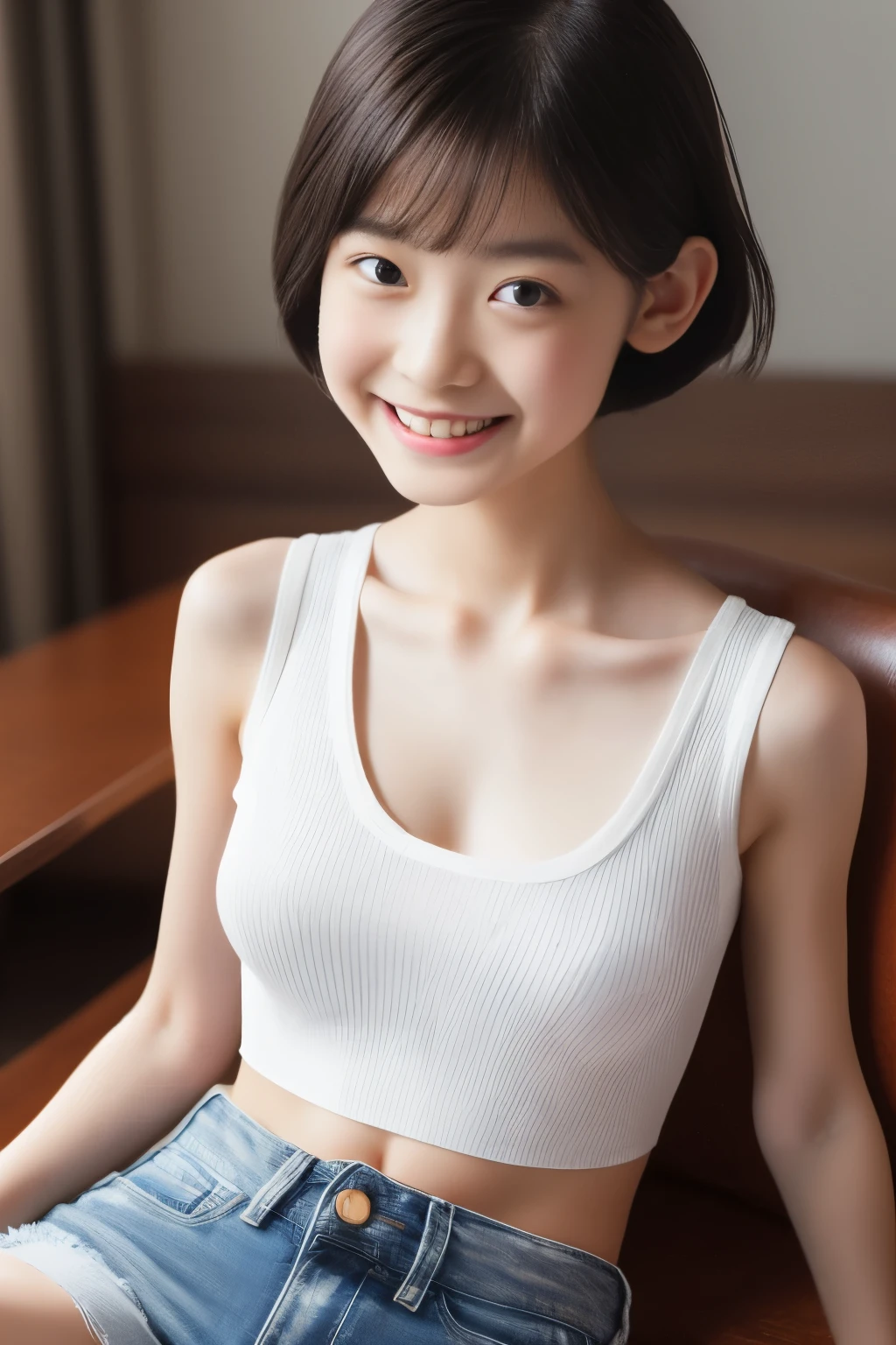 digital portrait、Live Action Depiction of the Human Body 、raw photo、one elementary school girl、Gentle grey eyes、plump lips due to violence、Happy Expression、flat chested、super short hair、brown hair、(((Sheer White Tank Top、denim shorts、belly button out、thighs)))、top quality、Super Resolution、Masterpiece:1.5、Medium Depth of Field、50mmlens、cinematic lighting、backlight、Professional photographer、New York, Hudson River, Sitting in a stylish chair