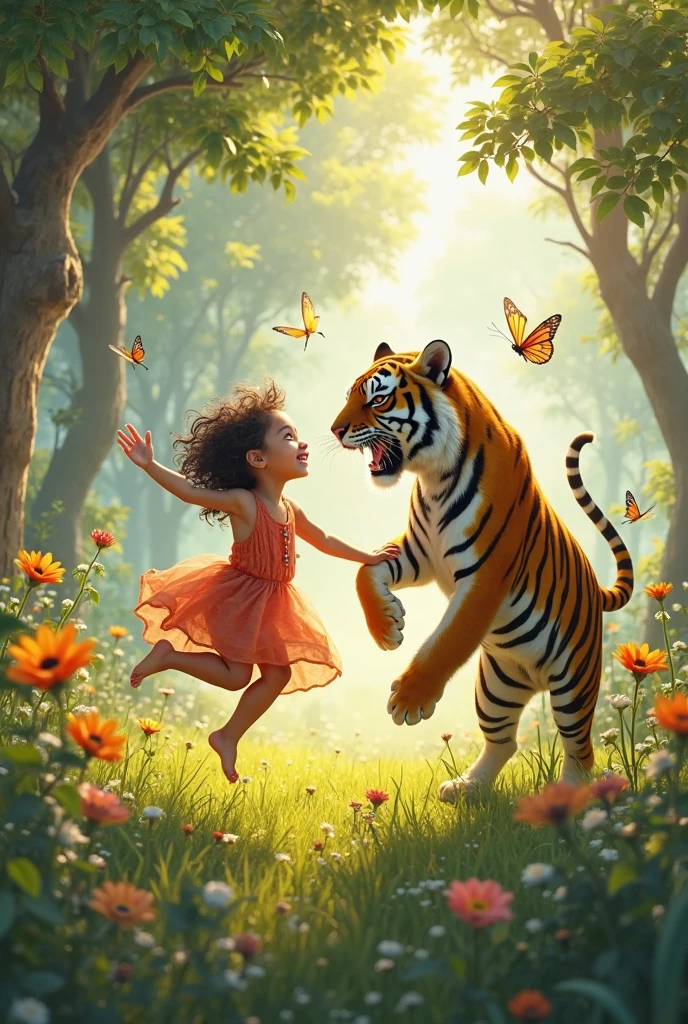 Green colored tiger happy with lots of golden and smiling rich and strong and very cute and have lots of gold with him and rich and smile cute. With teen girl beautiful realistic 