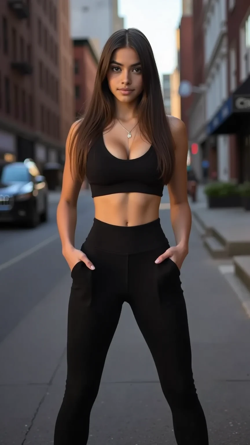 girl, black leggings, black sport crop top, belly button piercing, brunette long hair, small breasts, perspective from a few meters away, flat stomach, black cotton leggings, black leggings, bubble butt, whole legs showings, black leggings cotton