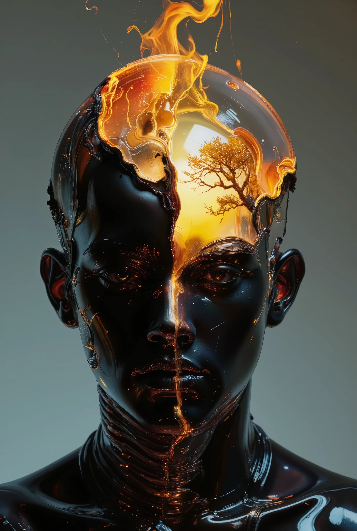 delirium style. This image is digital art, rendered in hyperrealistic CGI style, with a shiny, almost robotic human head. the central figure is stylized, with an orange-yellow aura visible, dark, an image of a tree that shines like a flame, sophisticated, Metallic appearance. the head is split vertically, the upper half is hollow, Clear, and reflective dome. inside this dome, Wonderful, an image of a tree that shines like fire, that reflects and refracts light on an almost black surface, creating a stark contrast to the dark outer surface.