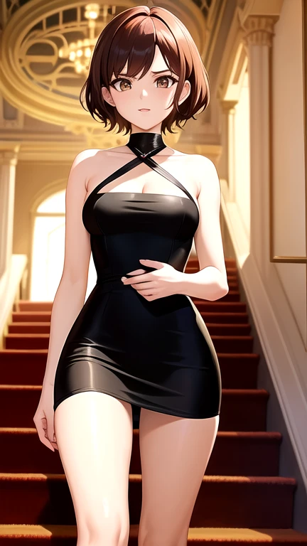 Master work, 16-year-old beauty, straight facial features, perfect facial proportions, charming water spirit eyes sweet with silkworms, eyelashes upturned, delicate collarbone, grape-colored short hair slightly curly, smooth short hair, slightly fluffy, mouth corner pear swirl smile, perfect body, delicate skin, hot body, upper body skin exposed, big chest, transparent temptation, casual short skirt, deep view, large deep view frontal photo, real person image, fingers are extremely realistic, characters are extremely realistic, night hotel floor-to-ceiling window background, 2K resolution, ultimate boutique, Floor-to-ceiling windows, super fine, photography, succubus, seduction