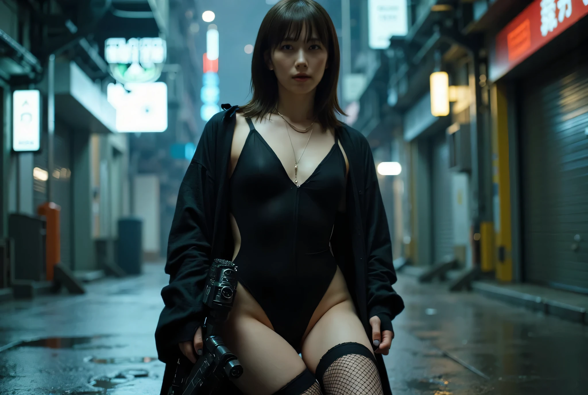 Ciudad futurista, Apocalyptic, noche, luces brillantes, coches voladores, coches volando, rascacielos, fondo borroso, niebla, ambiente Blade runner, mujer joven, pelo blanco y corto, pelo platino, vestida como el quinto elemento, gargantilla blanca, una cinta fina blanca le tapa el pecho, white tape covers the intimate area, camaltoe, very athletic, voluptuosa, enfadada, atacando, lluvia, lloviendo mucho, tormenta, abdomen visible, poca ropa, muy atractiva