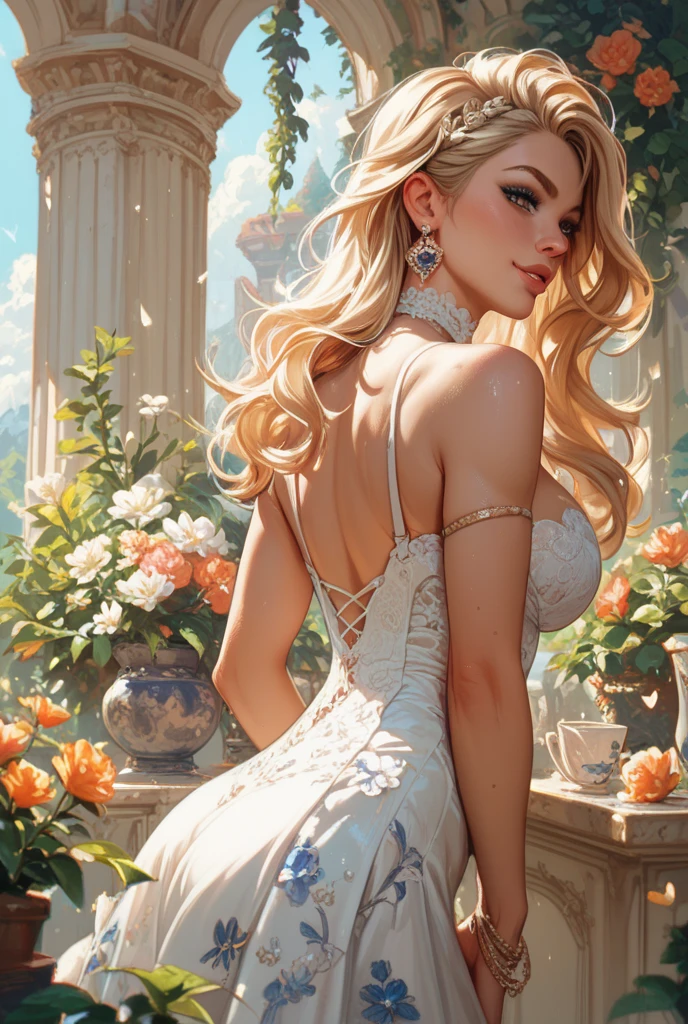 Goddess, day, gardens, girl, sweet face, with long pale blonde hair, in a light open white dress with diamonds on the fabric, open shoulders, expressive breasts, gorgeous, face looks like Natalie Portman, HD