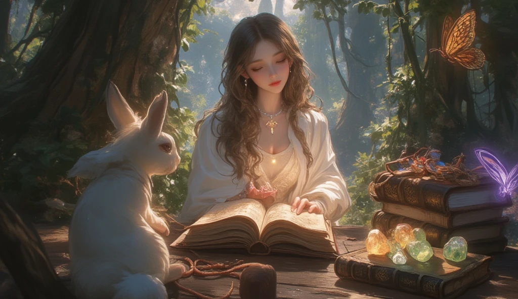 a white owl with brown pigmentation,extremely detailed eyes and face,longeyelashes,a wise expression,sitting on a tree branch,next to an open book,lush forest background,highres,best quality,8k,photorealistic,extremely detailed,masterpiece