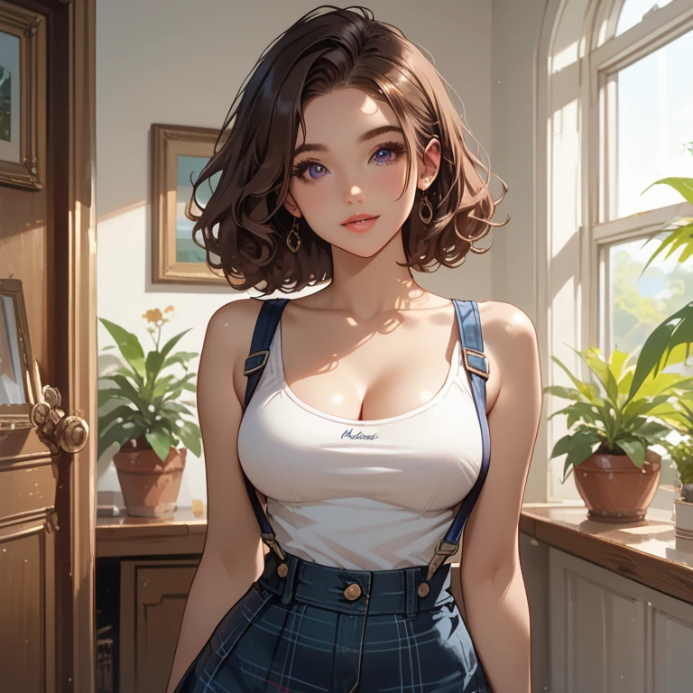 20 years old woman, Short brown hair, Méditerranéenne aux blue eye, Generous and heavy breasts, slender waist, estomac defini, fesses rebondies et pulpeuses, naturally curved, muscular thighs, aguicheuse, dans le bureau, in pants and tank top, Denim jacket, neckleace, earrings, blue eye, lunettes