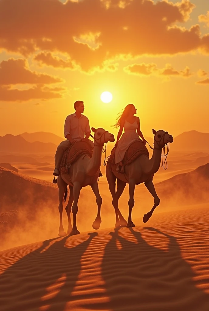 Man 30 years old 23 and women about riding camels, man wearing beautiful white muslim clothing, woman wearing belly dancer outfit with jewelry, detailed facial features, intricate jewelry and clothing textures, dramatic lighting casting long shadows, desert landscape with towering sand dunes, warm golden tones, cinematic composition, (best quality,4k,8k,highres,masterpiece:1.2),ultra-detailed,(realistic,photorealistic,photo-realistic:1.37) gta 5 style