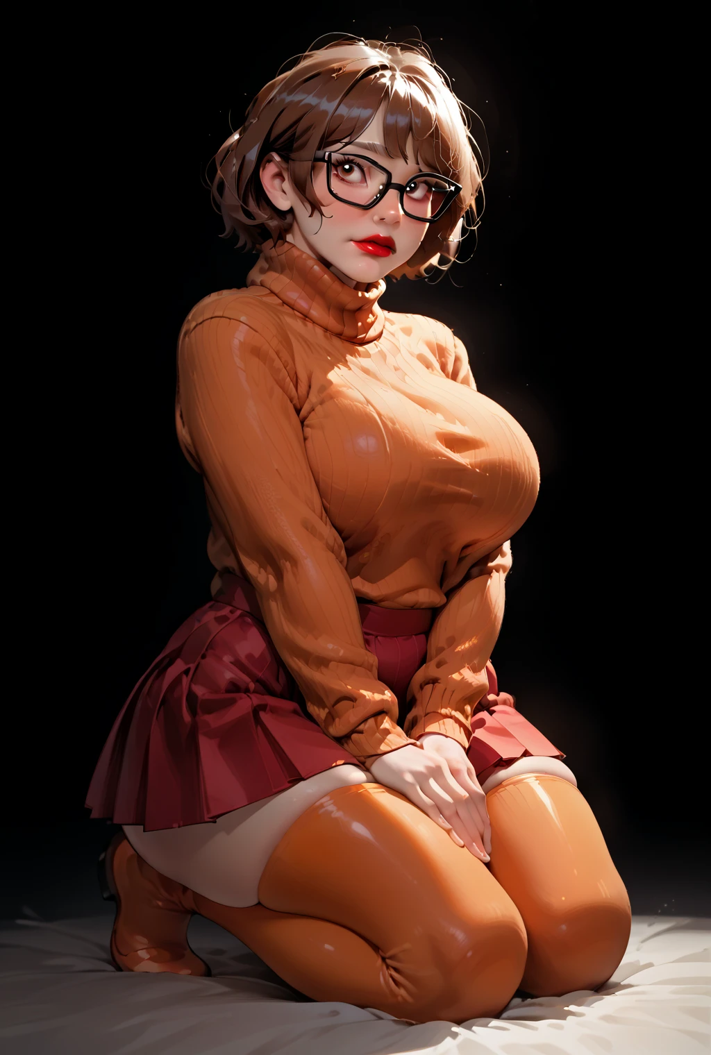 Legs raised, ((( visible vagina))), masterpiece, best quality, ultra-detailed, ultra-HD, photorealistic, cinematic, close-up camera shot, sensual pose, alluring and voluptuous female as Velma Dinkley:1.2, perfect anatomy, perfect face, proportioned hands, deep shade of auburn with a slight natural wave hair color, chin-length bob with blunt bangs hairstyle:1.3, retro-chic style outfit, knee-length and orange turtleneck, short pleaded red mini skirt, thick-framed black square glasses, wears knee-high mustard-yellow socks, sensible lace-up shoes, she has a small magnifying glass, in a haunted house, creepy house, creepy mansion