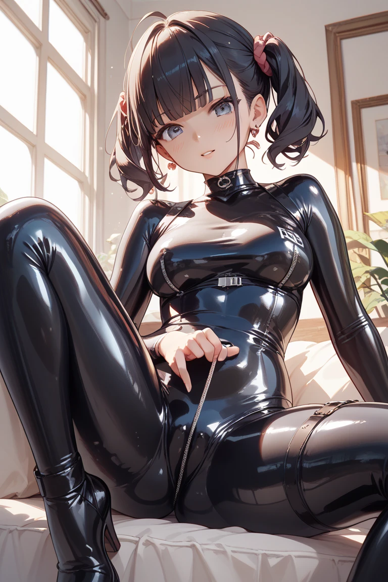((Biologically correct number of limbs))、((The number of fingers on one hand is 5))、((full body shot, Full body photo including face、head to toe photo))、[NSFW]、4K、masterpiece、((focus on the face))、((Symmetrical facial features))、Eyes of minute description、Beautiful woman、outstanding style、slender body、(small ass、thin thighs）、(Looks embarrassed、smiling)、(high heels）、Detailed depiction of faces、((latex tops and bottoms))、(Stairs)、((skirt))、