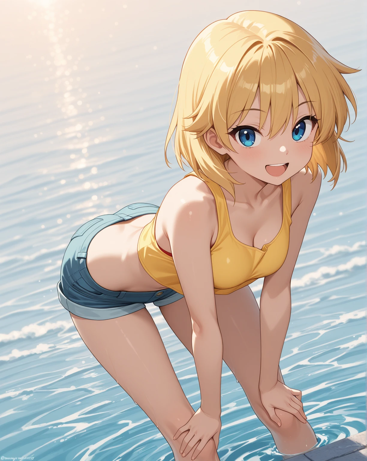 score_9, ,score_7_up, score_6_up, 1girl, source_cartoon, source_anime,breathtalking Scenery,watercolor,smooth soft skin, natural skin,
BREAK
(little female :1.8), (loli:, 4 years ooddler:1.1),flhest,baby face,oily skin, ultra cute face, happy smile,
BREAK
(short blond hair:1.6) messy hair,(fang:1.1), (pink eyes:1.1), (highlight on eyes:1.1), antenna hair,double tooth,(blond hair:1.1),
BREAK
school swimwear,excessive detailed navel,exposed shoulders,undressing,Ttraditional ,wave,island,tropical,dynamicangle,dynamicpose,breathtalking background, outdoors,