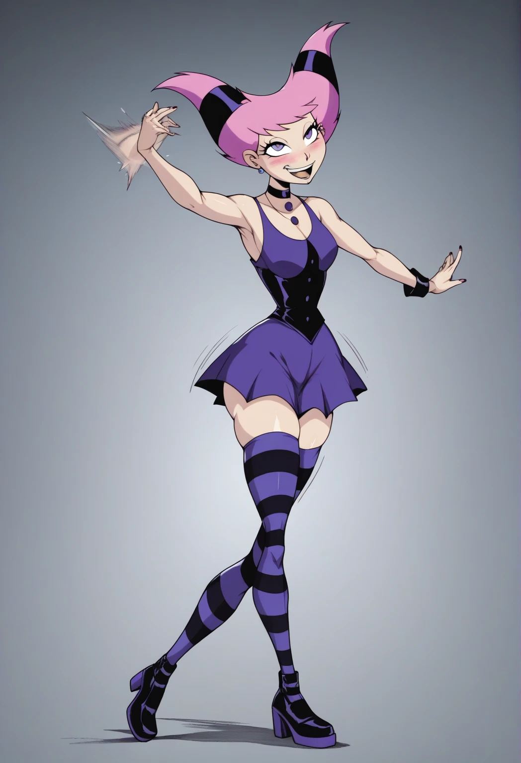 <lora:JinxTT:0.7>,Jinx,purple capelet,black dress,choker,striped thighhighs,abstract background,pussy,