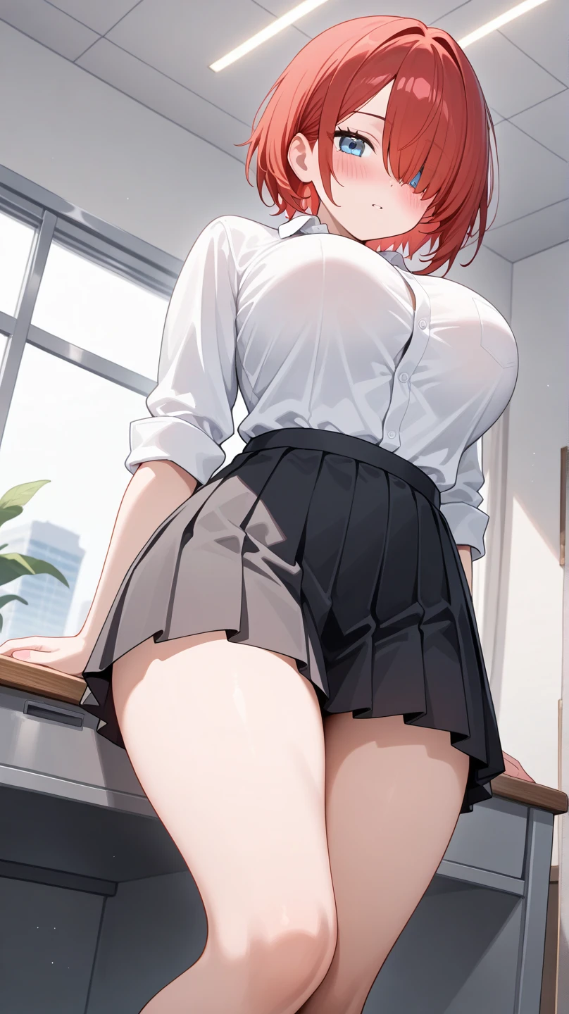 (masterpiece), best quality, expressive eyes, perfect face, Artwork, best quality, ultra-detailed, (masterpiece), best quality, expressive eyes, perfect face, 1girl,  uniform, white see through panties, panties visible, high stockings, thick thighs, soft-looking skin, soft thighs, pale-skinned female, hair tied, red head, medium hair, burtefly tie, white buttoned shirt, curvilinear waist, curvy waist, mini skirt, high cut skirt, big ass, medium breasts, sitting on a desk chair in classroom, ass focus, booty focus, thin body, big ass