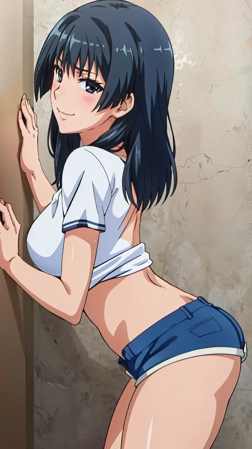 (masterpiece, best quality, high resolution, 8k:1.2), (anime coloring), unity 8k wallpaper, (beautiful detailed eyes:1.2), highly detailed face, perfect lighting, highly detailed CG, perfect hands, perfect , saten ruiko, 1 girl, young woman, bearish sentiment, (black hair:1.1), bangs, (black eyes), (slim body), (), nffsw, (embarrassed expression), ( back pose, , wall),  ((shorts)), (T-shirt, smile), (from side), looking at the viewer