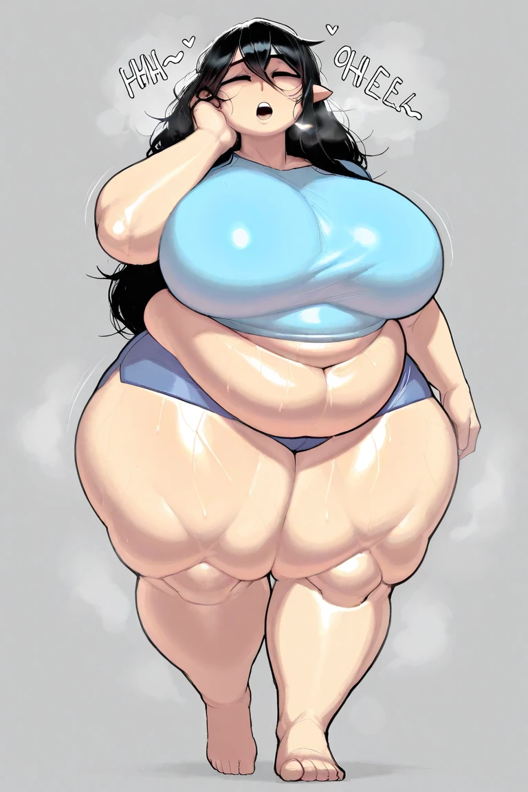 One girl, gray skin, long length black hair, red eyes, smiling, hearts around her, naked, udder, big breasts, massive fat belly, Really big Feet, girl with gray skin Equestria girls, full body, Standing, in the living room, girl with gray skin, cuerpo completo, High resolusion. 