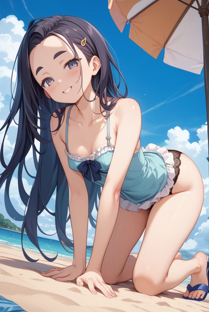 ((masterpiece、4K、8k、highest quality: 1.Perfect Fingers: 1.Perfect Anatomy: 1.3、Background Blur))、((Ultra-precise expression))、((、thin、Small face、Super Beauty、Straight Long Hair))、((I like rumors、Maid Swimsuit:1.3))、barefoot、Cute eyes:1.1、(Smile with one eye closed:1.3)、(whole body:1.5)、(Crouch down facing forward)、blue sky、Hot sunshine、White sand beach、