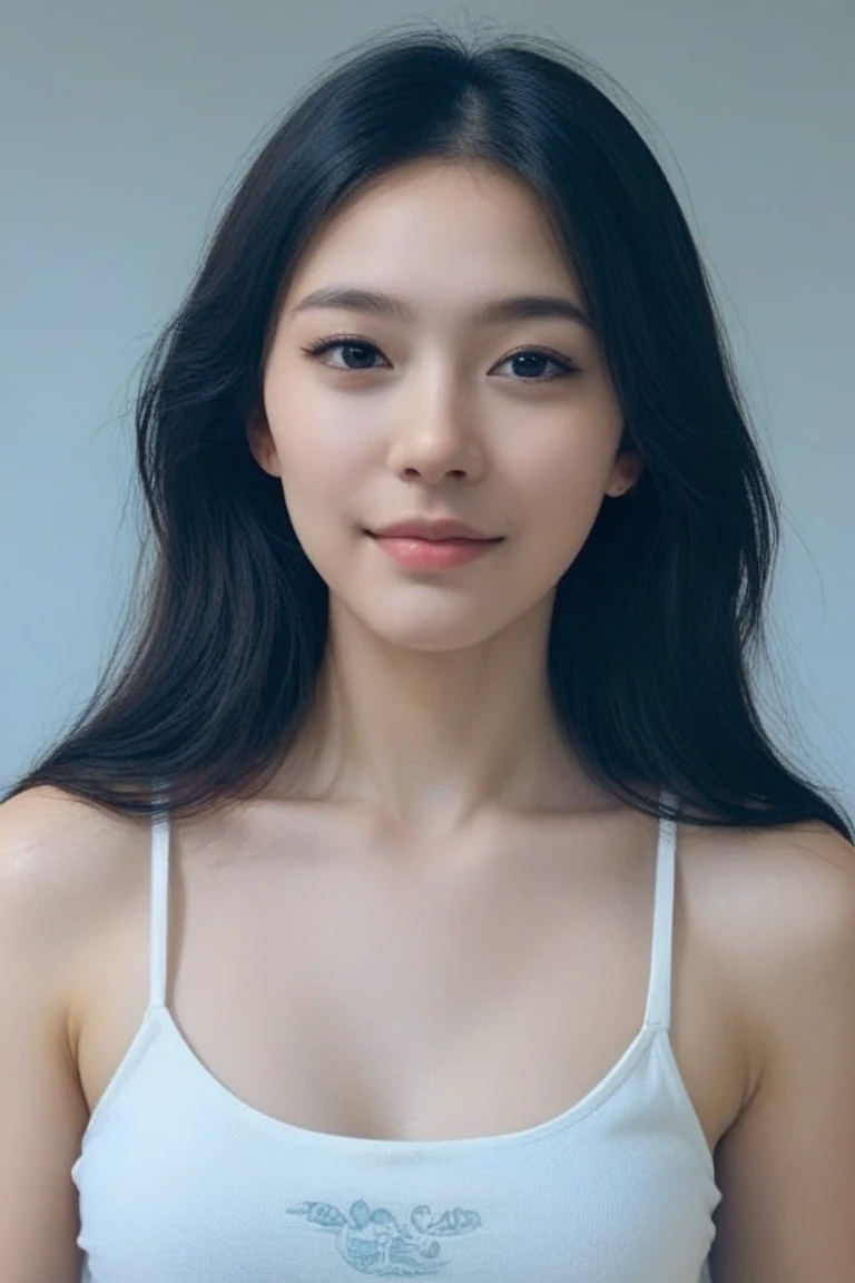 Real, highest quality, girl, high school girl, high resolution, natural skin, portrait, looking at camera, Photo_Light, {{}}, Ulzzang-6500-v1.1:0.8 Forward facing, upright, no makeup, inorganic white wall indoors In front of her, big eyes, swimsuit, full body, smile, serious honor student, black hair and very neatly styled straight hair.