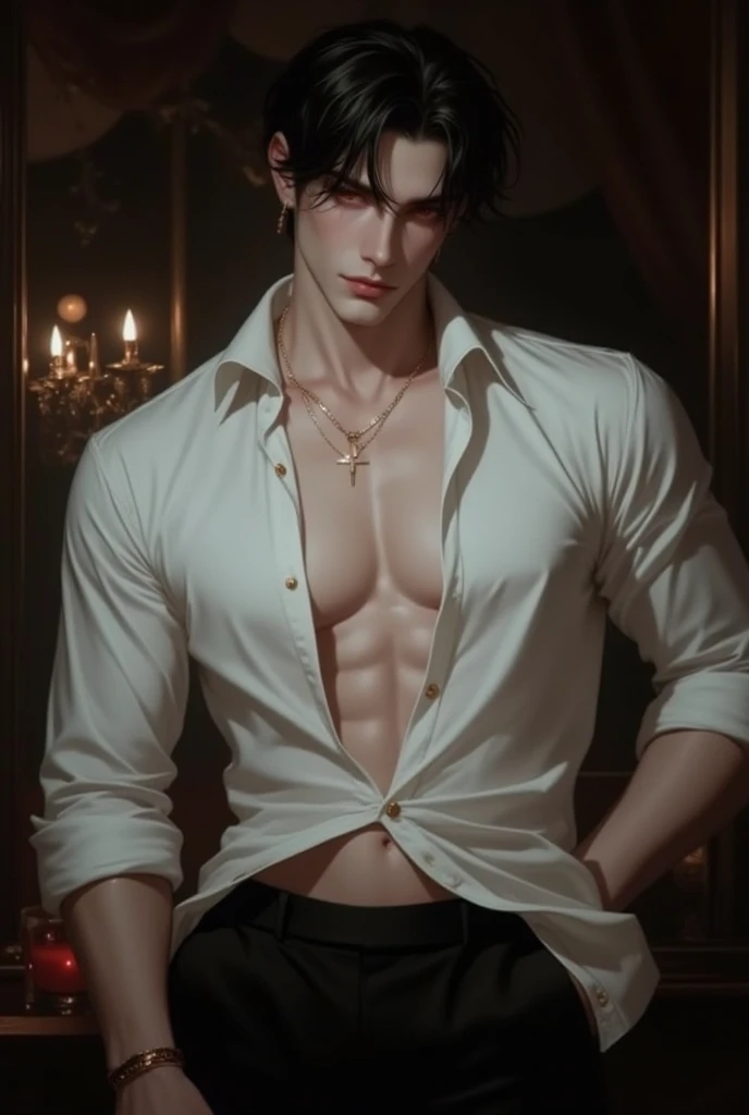 absurdres, highres, ultra detailed, HDR), masterpiece, best quality, 1boy, solo, 17 year, handsome, yellow messy curly hair, blue eyes and detailed face, ((open button shirt, half naked, black low-waist pants showing waist and hips)), (white skin), knees up, muscular, playfully smile, direct angle, wear silver necklace, modern style, sweat, wet clothes, sexy