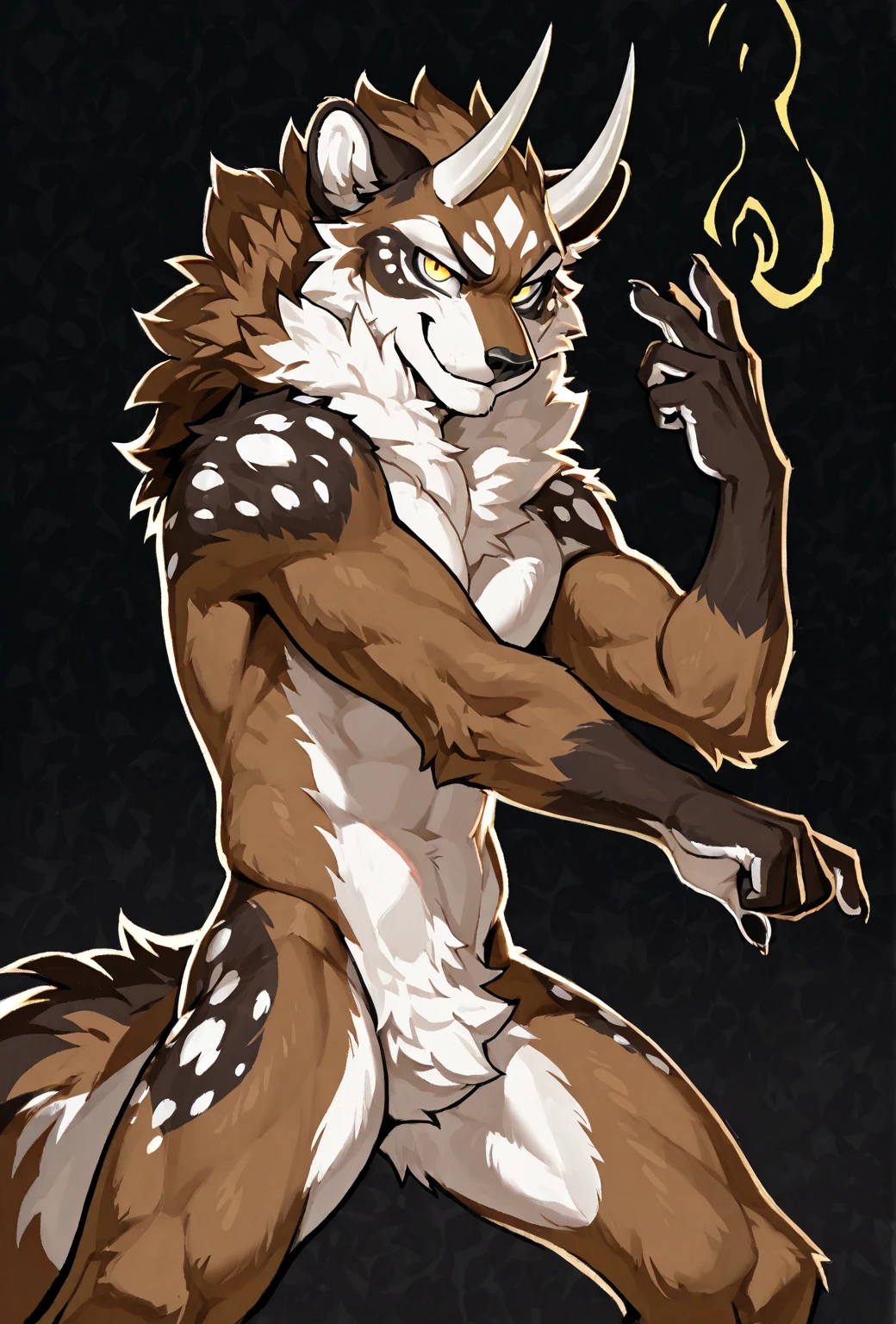 (Striped Hyena), solo, male, (anthro), (by seyorrol), ((simple room background)), realistic shading, (epic, masterpiece, high quality, 8k, ultra HD, absurd res, top quality, best quality, max quality, masterpiece), ((((feminine body))), lean athletic body), realistic blue eyes, squinting, happy expression, wide smile, (offering hug, arms outstretched towards camera, facing camera), (dynamic lighting), ((perfect hands)), detailed fur, (loincloth),