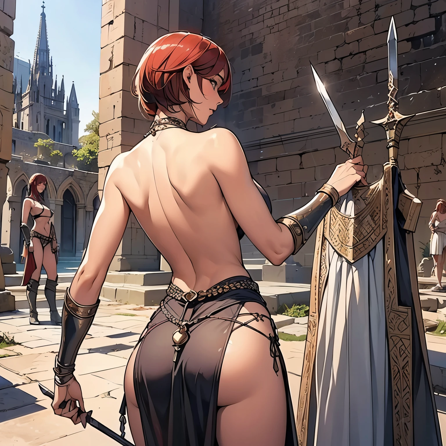 masterpiece, best quality, ultra-detailed, adult Cala 1girl, solo, Desert_Sorceress_outfit, seen from behind, ass-focus, large ass, hood, large breasts, bracelet, full body, high heels, surprised, worried, red hair, spiky hair, full body, looking at the viewer, female focus, green eyes