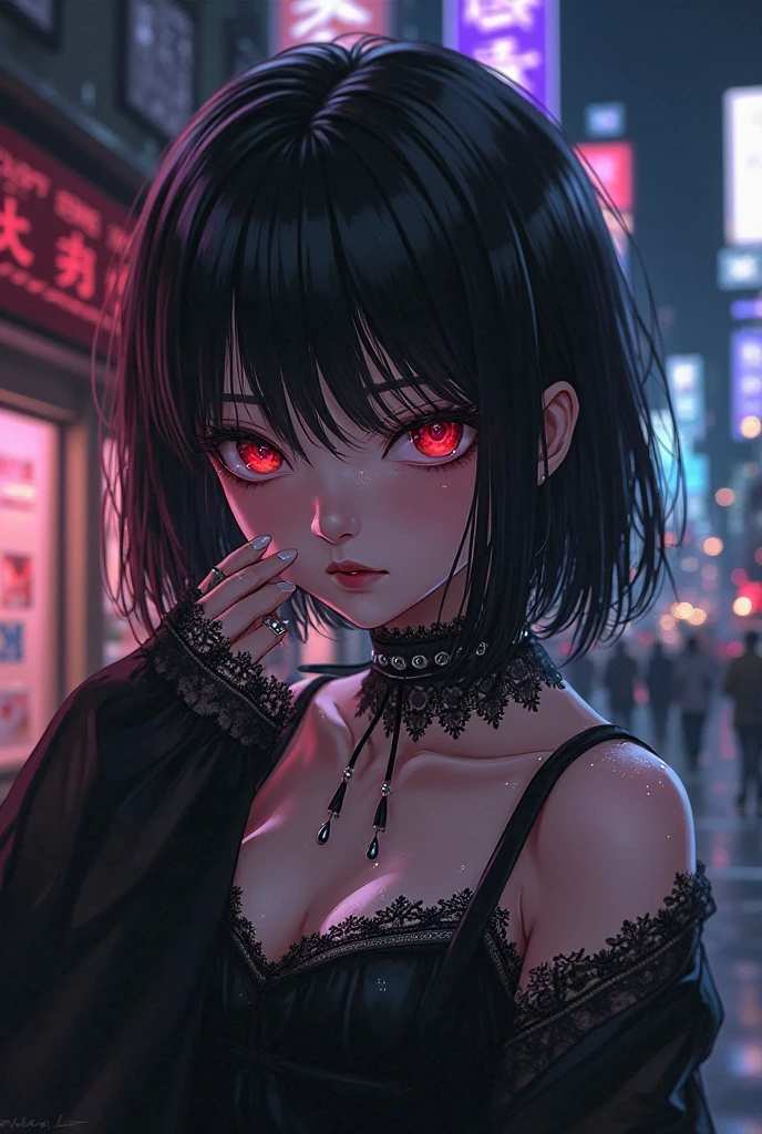 ((best quality)), ((masterpiece)), (detailed),(Cyberpunk) A Girl with Short Black hair and red eyes, Smoking, showing her tatto in her neck, Sitting on Sofa with neon light