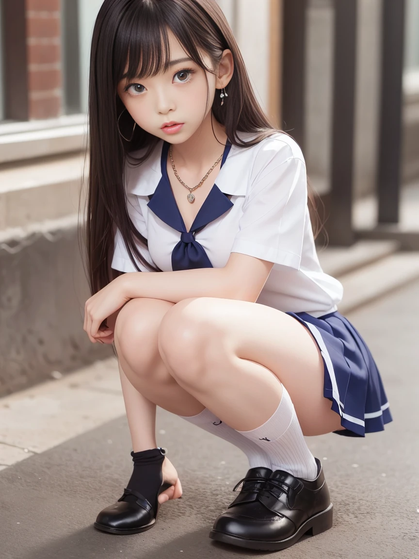 with short black hair,female high-school student，Two-dimensional style，Brace the ground with both hands，Knees on the ground，The proportions are normal，Behind the perspective，Turn Back，black pantyhoses